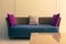 Empty modern design wicker sofa with 3 pillows and empty wall, r