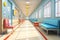 Empty modern hospital corridor background and seats at waiting area. Clinic hallway interior. Healthcare and medical center