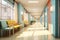 Empty modern hospital corridor background and seats at waiting area. Clinic hallway interior. Healthcare and medical center