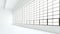 Empty modern industrial expo room huge panoramic windows,painted white wood floor,clean walls.3D rendering.Generic