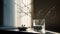 Empty modern, minimal bathroom, glass vase of twigs,