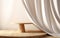 Empty modern round wooden podium side table in soft white blowing drapery curtain drapes in sunlight for luxury cosmetic skincare