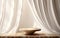 Empty modern round wooden podium side table in soft white blowing drapery curtain drapes in sunlight for luxury cosmetic skincare