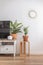 Empty modern scandi interior of living room potted plant furniture decor elements minimalistic home