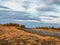 Empty morning highway through the pass, right turn . Beautiful asphalt freeway, motorway, highway through of caucasian landscape