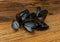 Empty Mussels Shell, Black Clams Shells, Eaten Mollusc, Shellfish, Mussel on Wood Background Top View