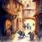 Empty narrow streets of medieval town full of rats during plague epidemics, ai illustration