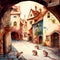 Empty narrow streets of medieval town full of rats during plague epidemics, ai illustration