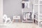 Empty nursery room with clear wall, toys and wooden horse