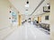 Empty nurses station in a Rama hospital. Hospital waiting room with empty chairs.