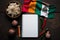 empty open notepad, copyspace, mexican vibrant, black background, Cinco de Mayo AI generation