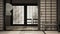 Empty open space, mats, tatami and futon floor, gray plaster walls, wooden roof, chinese paper doors, chairs with lamps, lounge