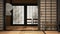 Empty open space, mats, tatami and futon floor, orange plaster walls, wooden roof, chinese paper doors, chairs with lamps, lounge