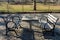 Empty Outdoor Chess Table and Benches at Riverside Park on the Upper West Side of New York City