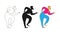 An empty outline, a filled color outline, and a silhouette of a dancing man