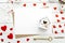 Empty papaer cards decorated with heart, miniature house with heart, golden key on wooden background, Valentine`s Day