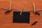 Empty paper card is hanging on clothespins with decorative bats on a orange wooden background. Halloween background.