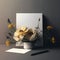 Empty paper mockup with white and yellow blossom flowers. Elegant bloom garden floral and template of flat card. Generative AI