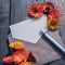 An empty paper postcard, an envelope and a calendula flower on a wooden background