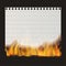 Empty paper sheet from notepad on fire. Flaming lined paper sheet on black background. Burning paper. Vector