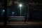 empty park bench under a single illuminated lamp
