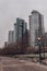 Empty park in downtown with benches and skyscrapers in Vancouver