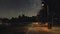 Empty park walkway at autumn night with heavy rain