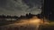 Empty paved walkway in park at rainy autumn night