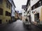 Empty pedestrian streets cobblestone road traditional austrian village old town center Bludenz Vorarlberg Austria