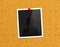 Empty photo frame pinned to a cork notice board with red push pin. Vector.