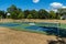 Empty Pickleball court blue and green recreational sport at an outdoor park