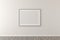 Empty picture frame hanging on white wall in bright room with wooden floor with copy space - portfolio, gallery or artwork