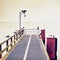 Empty pier in harbor. Steel grate board. Black cormorant sit on lamp.