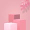 Empty pink cubes for product display. Valentine concept podium stage decorated with pink leaf.