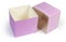 Empty pink rectangular cardboard gift box with open striped lid