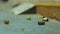 Empty pistol bullet shells dropping and impacting wooden table in a shooting range