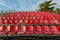 Empty plastic chairs at temporary grandstand stadium in Phuket,