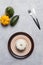 Empty plate with seasonal pumpkins and tableware set