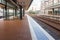 Empty platform of the railway station. Image of traffic stop, complete isolation, self-isolation, quarantine during the