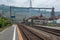Empty platform in a small rural town of Switzerland on mountain and vintage houses background