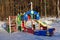Empty playground for children on a frosty snowy winter day covered with snow without people. Russian playground. Maritime military
