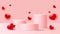 Empty podiums, pedestals or platforms with red love balloons on a pink background. Minimal scene with geometrical forms for