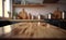 Empty polished wooden tabletop against blurred kitchen, Generative AI