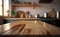 Empty polished wooden tabletop against blurred kitchen, Generative AI