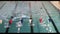 Empty pool. Empty pathes. Swimming pool with water and racing lane dividers, top view. Blue water in swimming pool
