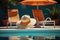 empty poolside lounge chairs with sun hats