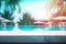 Empty poolside surface with blurred summer hotel background. Generative ai