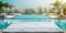 Empty poolside surface with summer travel hotel swimming pool background. Generative ai