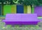 Empty pop art style vivid violet concrete bench with blue and green old wooden building in background