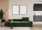 empty poster frames on beige wall in living room interior with modern furniture and decorative arch, green sofa and coffee table,